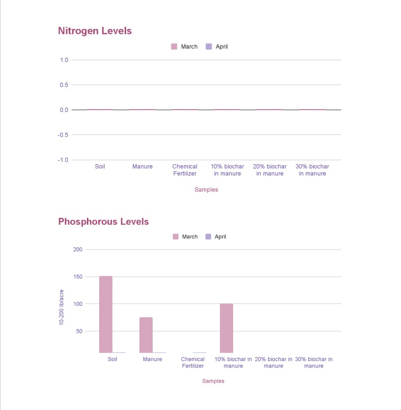 Bar graph results of Nitrogen and Phosphorous levels found in Biochar and Manure study by Noelia, Laila, and Genesis