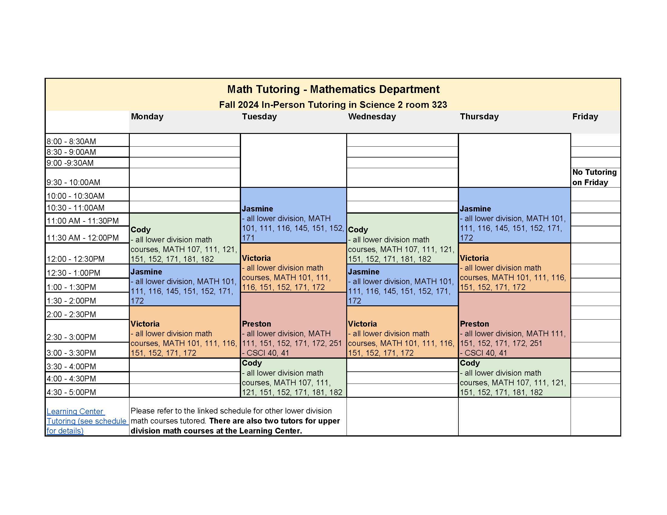 Fall 2024 Tutoring Schedule