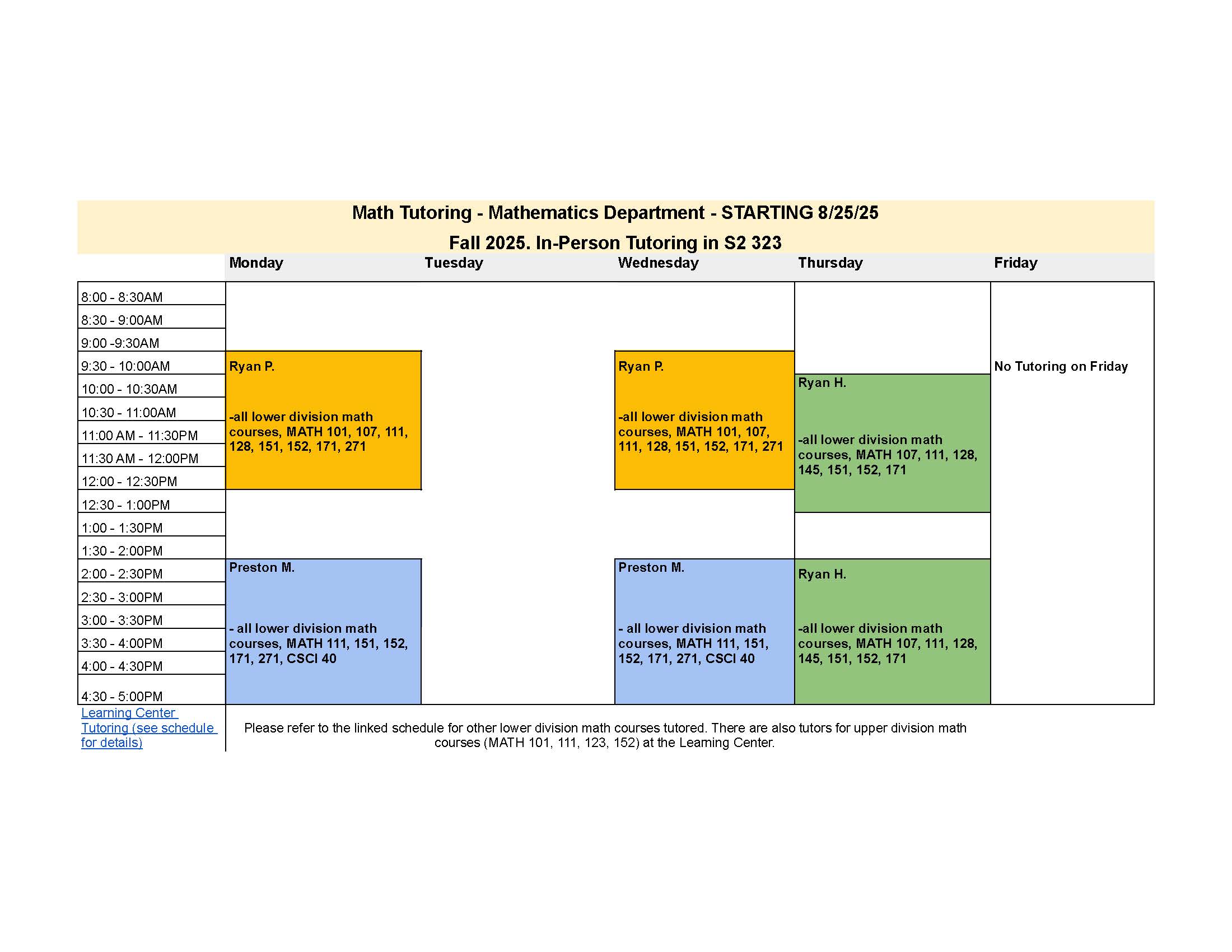 Tutor Schedule Revised