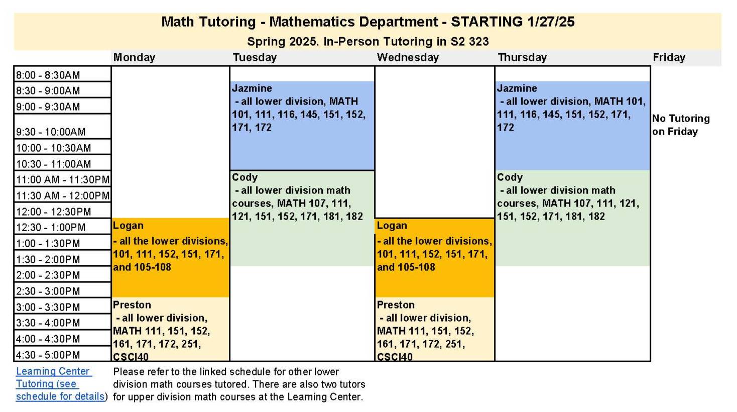 Spring 2025 Tutoring Schedule